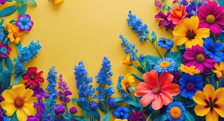 Vibrant Floral Arrangement on Yellow Background with Ample Copy Space for Text and Design Elements in Bright Colors