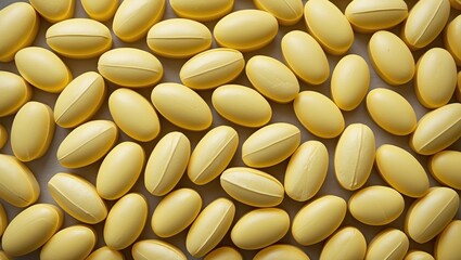 Yellow oval-shaped capsules scattered on a plain background in a top-down view.