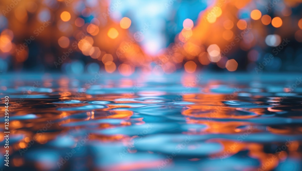 Poster vibrant abstract blurred background with rippling water reflecting colorful lights in bokeh for desi