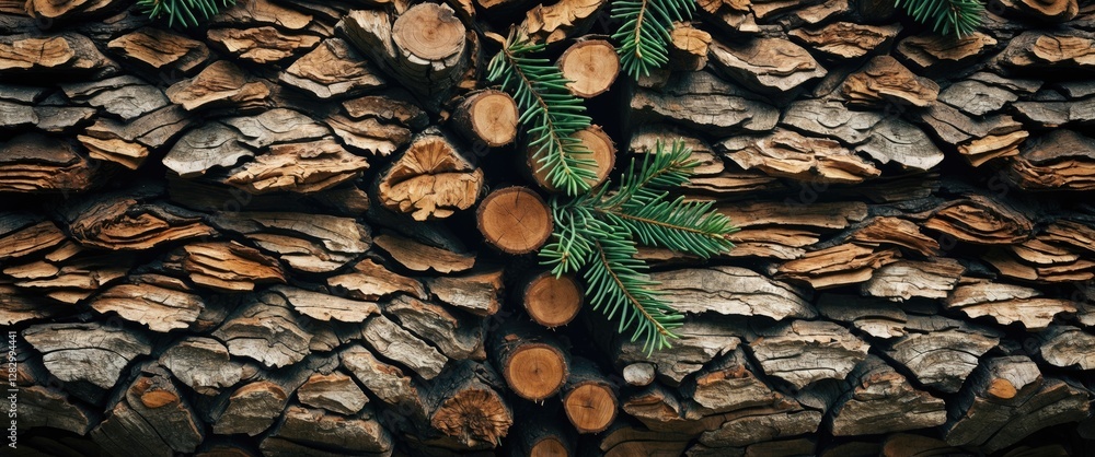 Poster Close-up of stacked logs with bark textures and green evergreen branches interspersed creating a natural wooden background