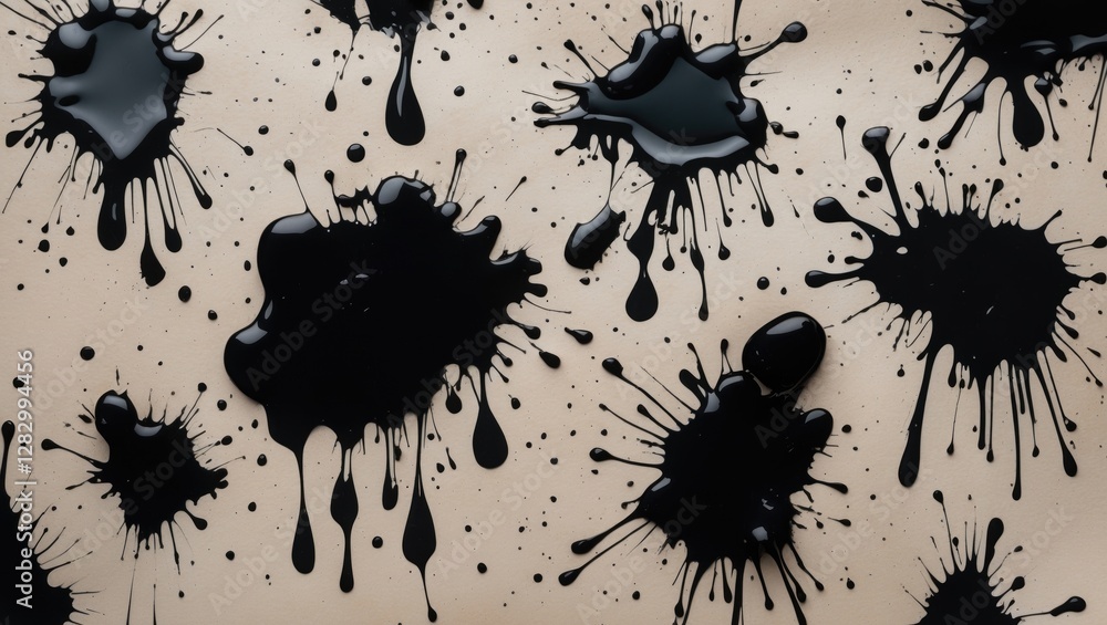 Aufkleber Black paint splatters on a beige background creating an abstract texture design for artistic applications.