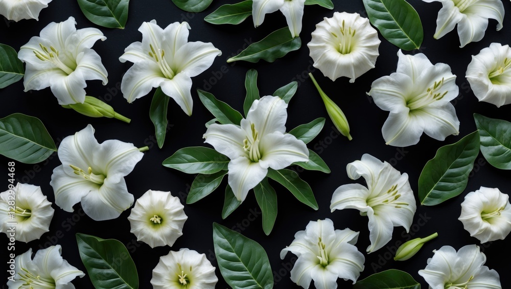 Poster white lilies and leaves arranged on a black background in a flat lay composition showcasing floral d