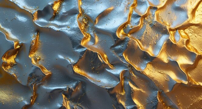 Textured abstract wall design in gold and silver tones with fluid patterns for backgrounds and art projects.