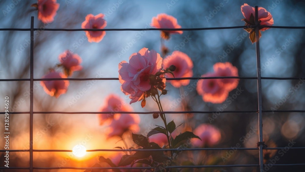Poster flowers in the foreground with a sunset backdrop and a fence in the background creating a tranquil o