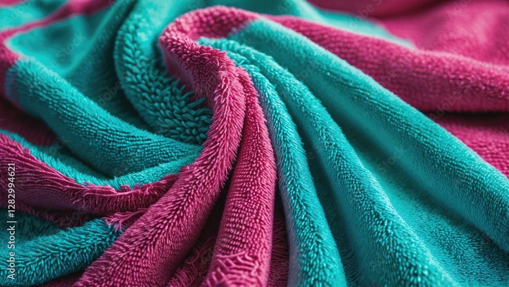 Poster Colorful textured fabric with pink and teal plush fibers folded and layered creating depth and softness in a close-up view.