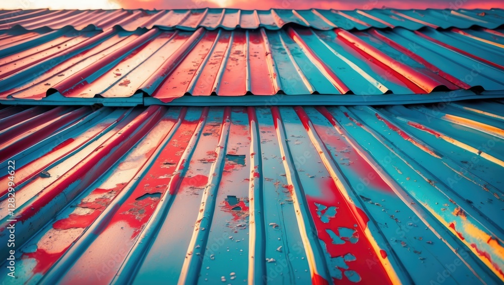 Poster vibrant abstract pattern of a weathered zinc roof with colorful hues and textures reflecting sunligh