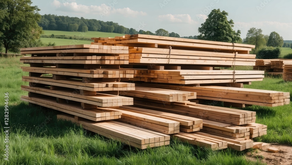 Poster stacked wooden planks in a grassy field with trees and hills in the background under clear blue sky
