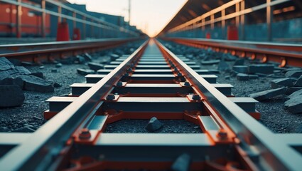 Railway tracks perspective view with gravel and urban environment in the background during sunset lighting
