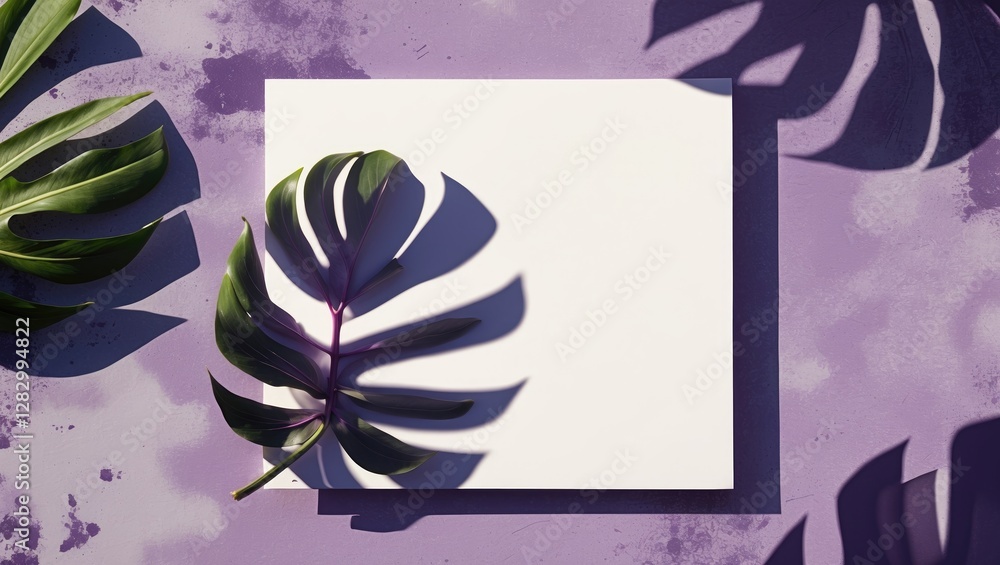 Poster blank square canvas with tropical leaves casting shadows on a purple textured background in natural 