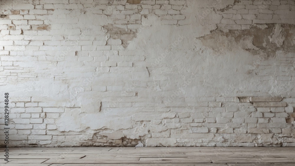 Aufkleber textured white brick wall with peeling paint and wooden floor in an empty interior space. neutral ba