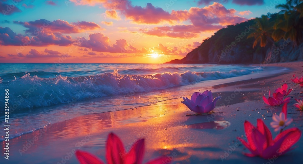 Poster sunset over a tropical beach with colorful flowers in the foreground and gentle waves lapping at the