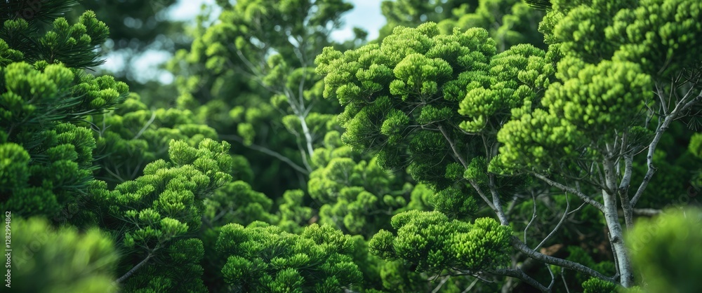 Poster Lush green foliage of coniferous trees in a dense forest setting with vibrant textures and natural light filtering through the branches