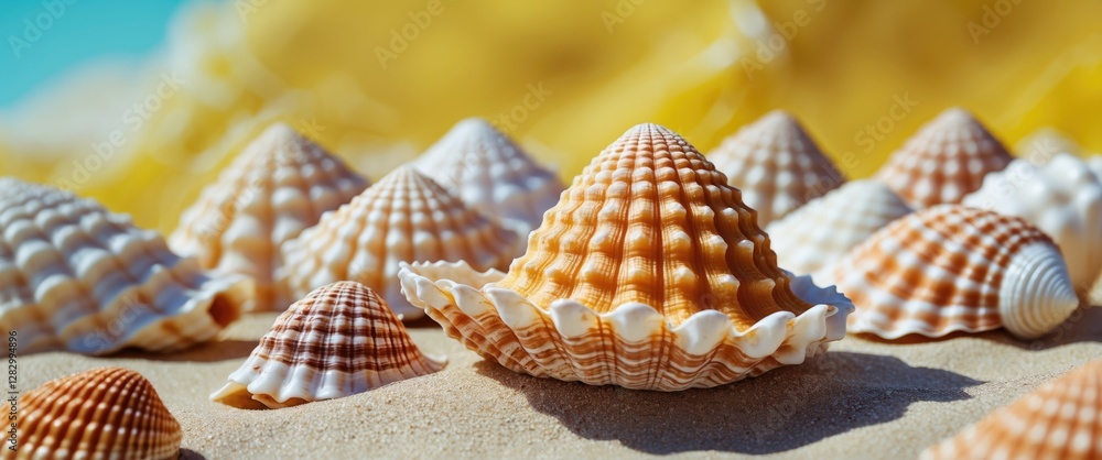 Poster Close-up view of various seashells on sandy beach with blurred background of ocean and sunlight reflections