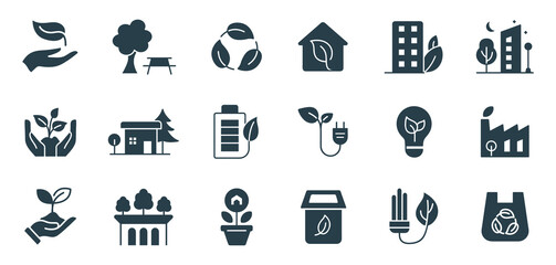 Set of Ecology and Sustainability Line Art Icons: Renewable Energy, Recycling, Nature Conservation, Eco-Friendly Living, and Environmental Protection Symbols in Outline Style