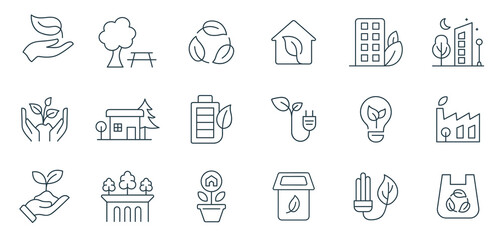 Ecology and Sustainability Line Icon Set. Vector Illustration of Renewable Energy, Recycling, Nature Conservation, Eco-Friendly Living, and Environmental Protection Symbols in Outline Style