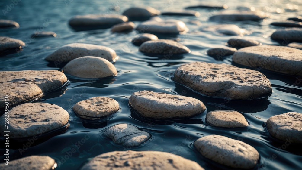 Poster Stones resting on the surface of calm water creating a natural texture in a serene environment during golden hour light.