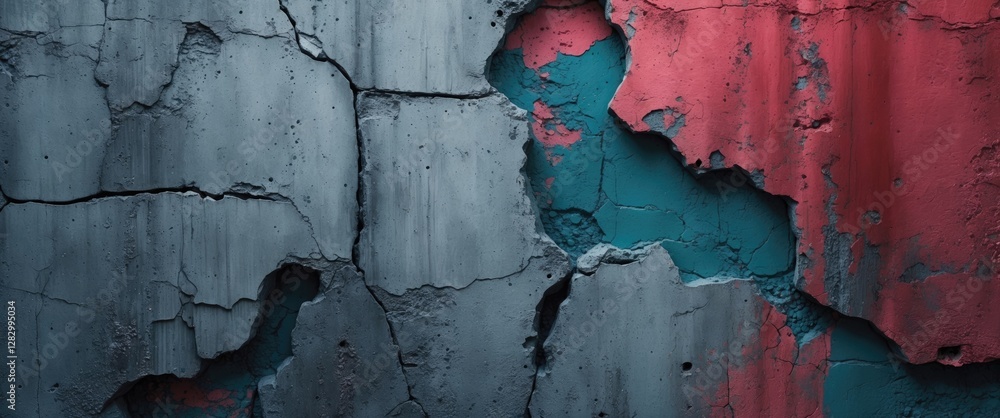 Poster textured cracked concrete wall with abstract gray and vibrant colors creating a visually striking ba