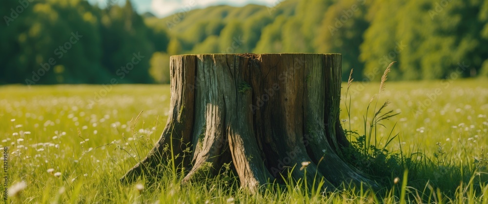 Poster tree stump in a green meadow surrounded by grass and wildflowers under a clear blue sky with distant