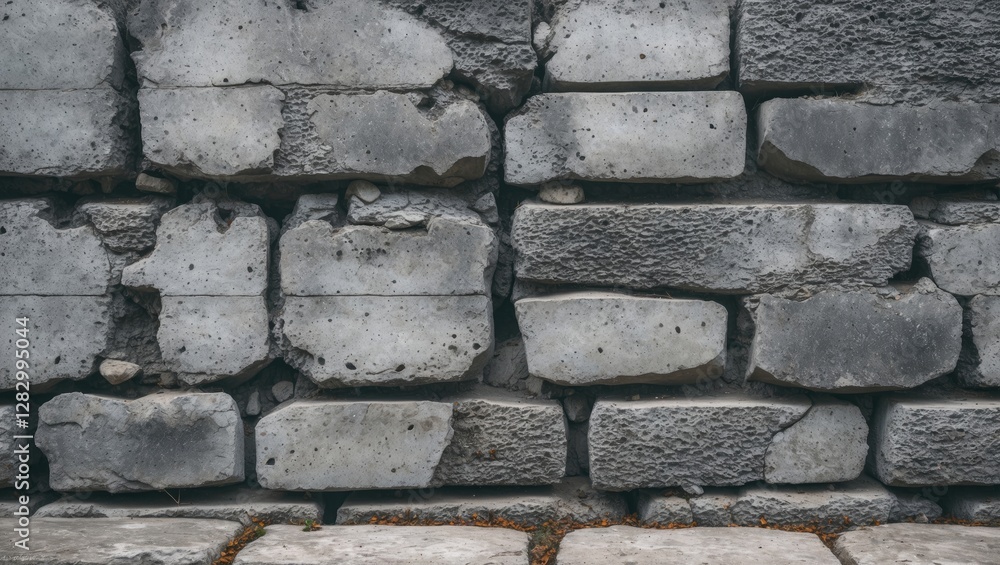 Poster gray concrete wall with irregular stones and rough texture for building or construction background
