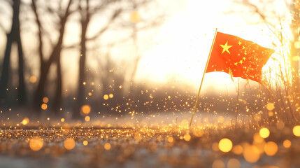 Sunrise over a frosty field, a Chinese flag waves gently in the foreground. Perfect for patriotic themes or illustrating hope and new beginnings
