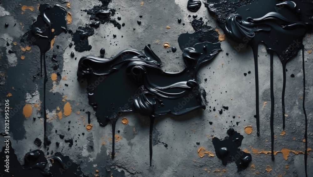 Poster textured abstract black paint drips on a weathered concrete wall creating a grunge background with a