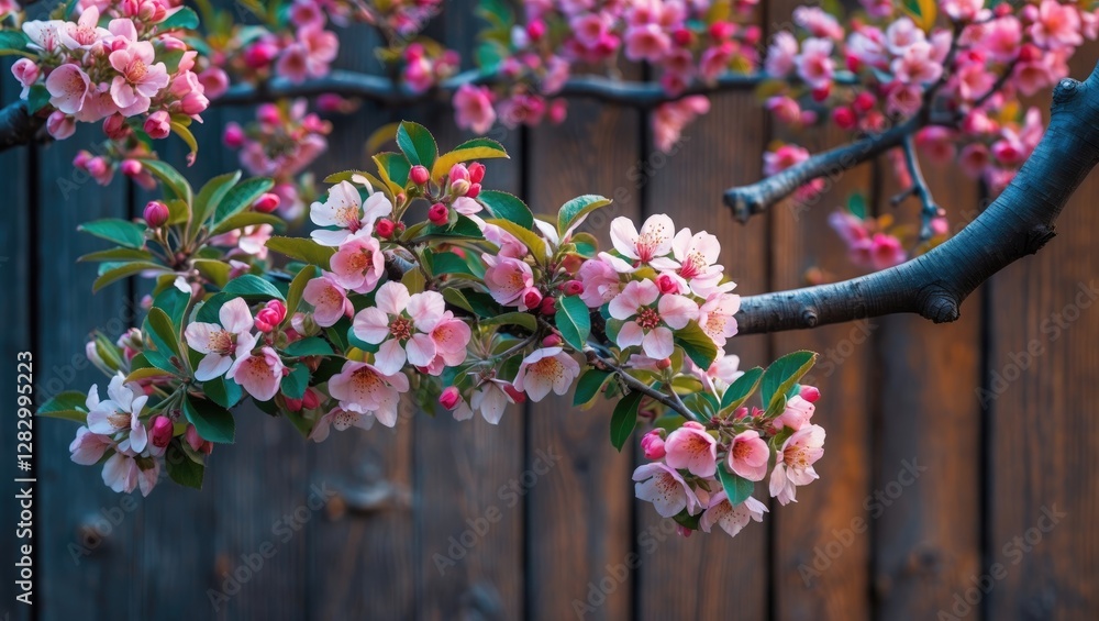 Aufkleber branch of apple tree in bloom with pink flowers against a rustic wooden background in soft natural l
