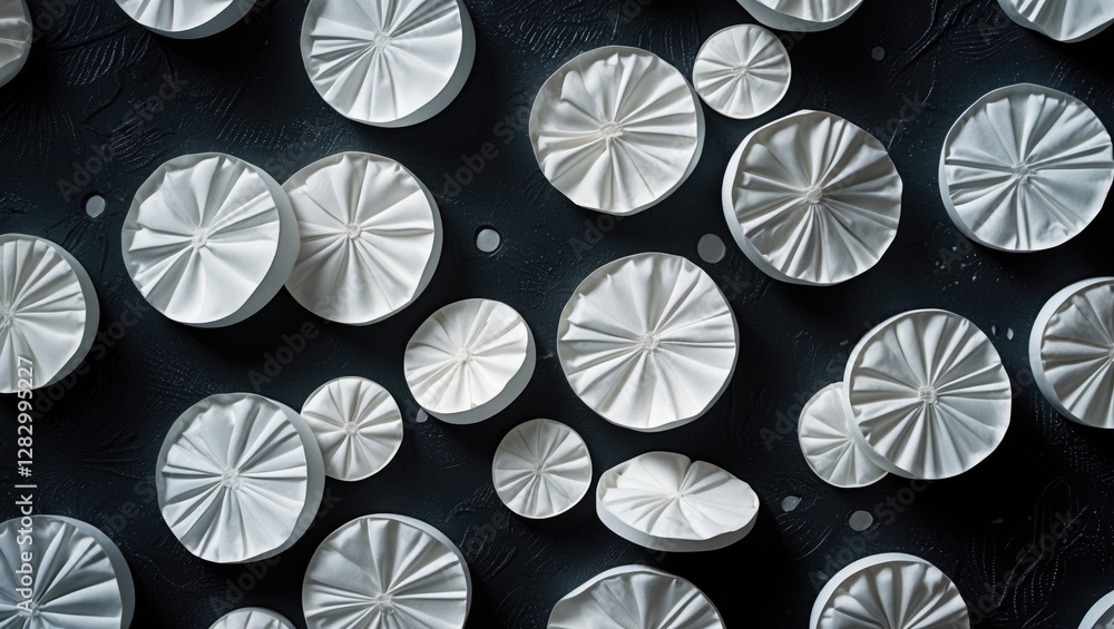 Poster abstract circular patterns of white pills on a dark background creating a modern textured wallpaper 
