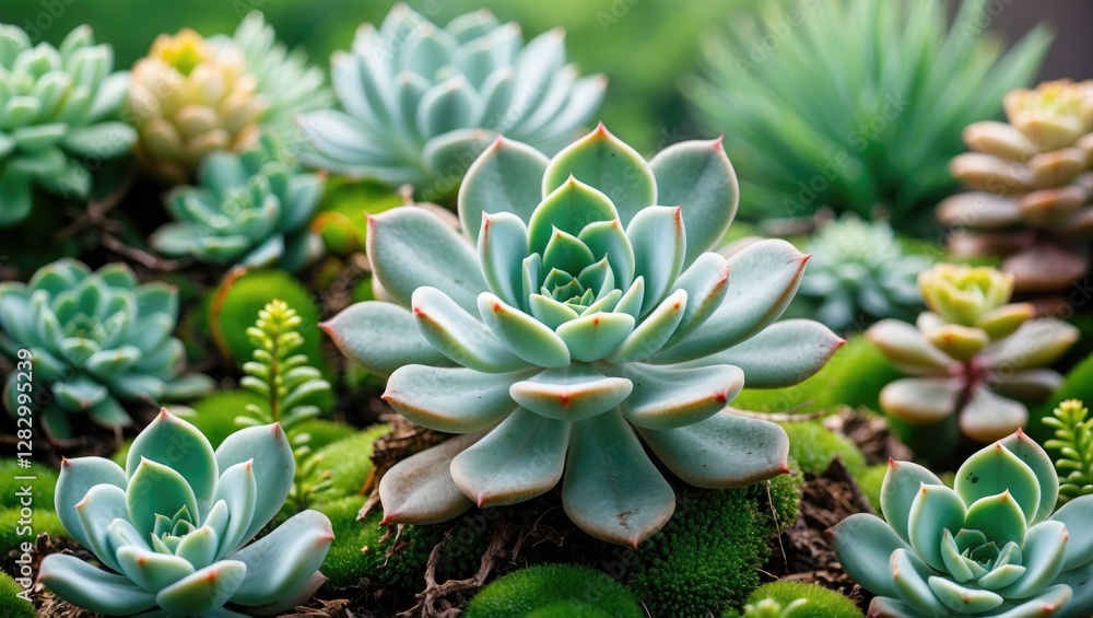 Poster succulent plants arrangement in various shapes and colors on a green moss background with soft blurr