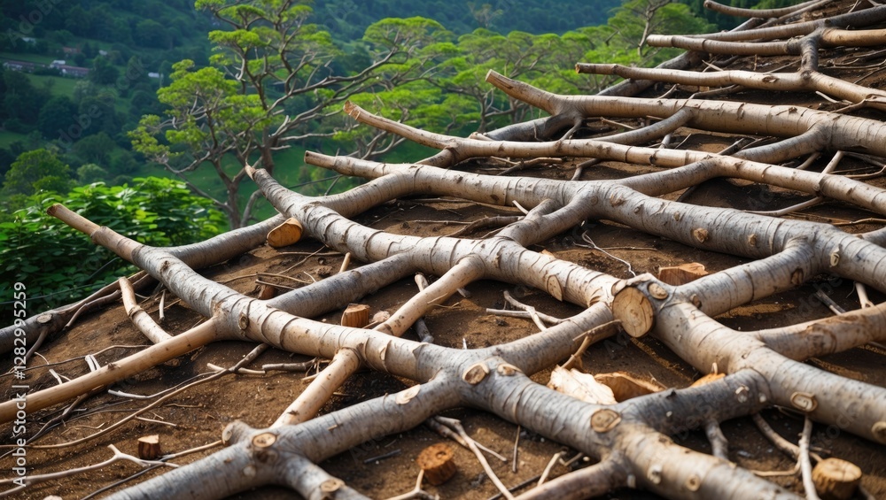 Poster terrace roof constructed with tree branches showcasing rustic architecture and natural materials in 