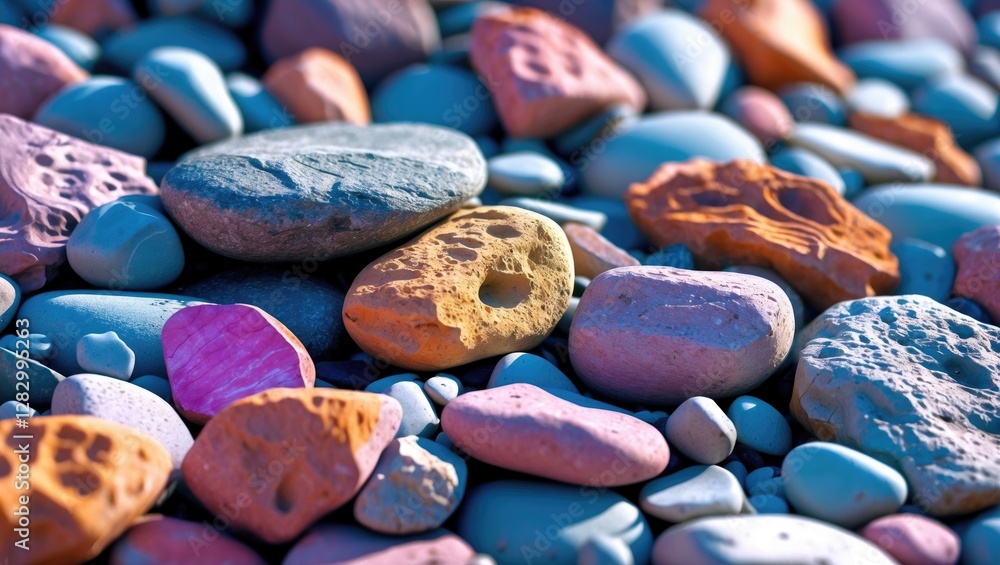 Poster colorful pebbles and stones arranged on the ground displaying various shapes and textures in natural