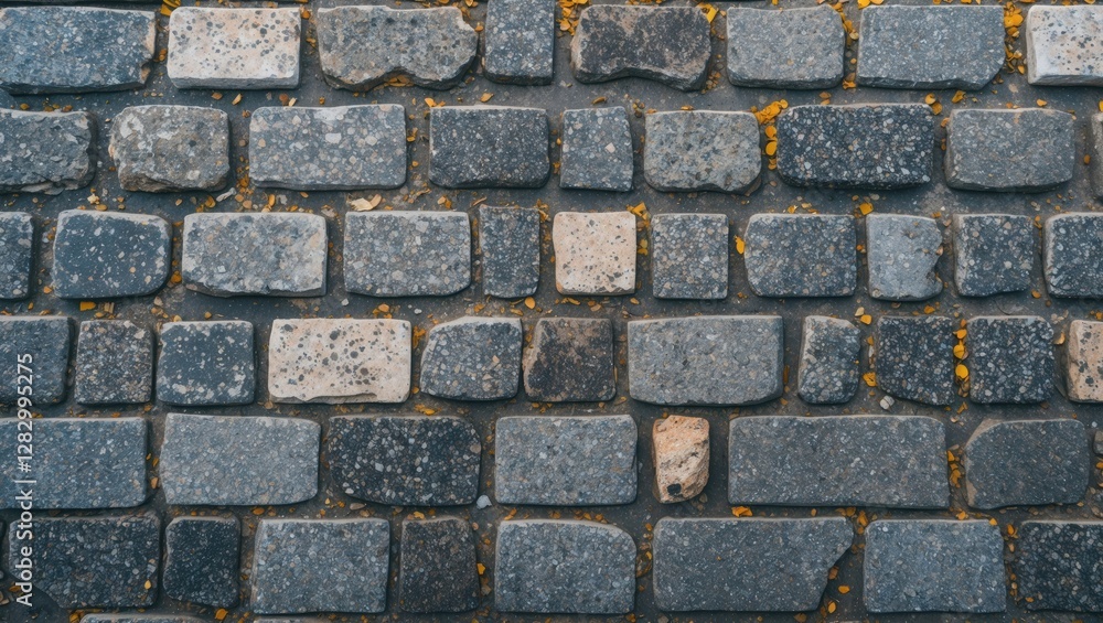 Poster Textured cobblestone pavement with scattered debris and variations in stone colors and sizes. High-resolution ground surface pattern.