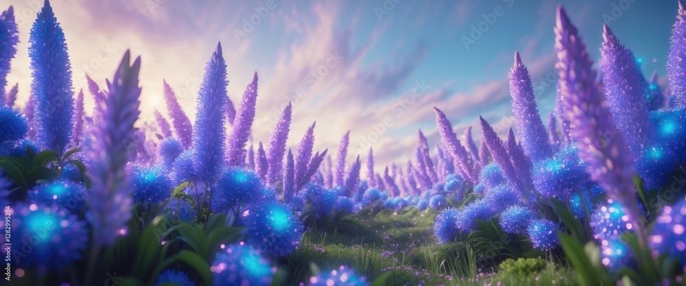 Poster purple flowering plants in a vibrant field under a cloudy sky with soft sunlight illuminating the la