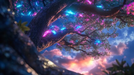 Fototapeta premium Neon Serpent Tree, a mesmerizing tree with branches resembling glowing neon snakes, radiating vibrant colors and intricate details.