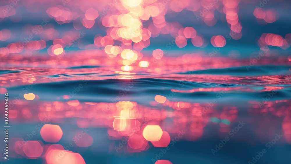 Poster dreamy abstract bokeh background of gently rippling sea water with colorful reflections and soft foc