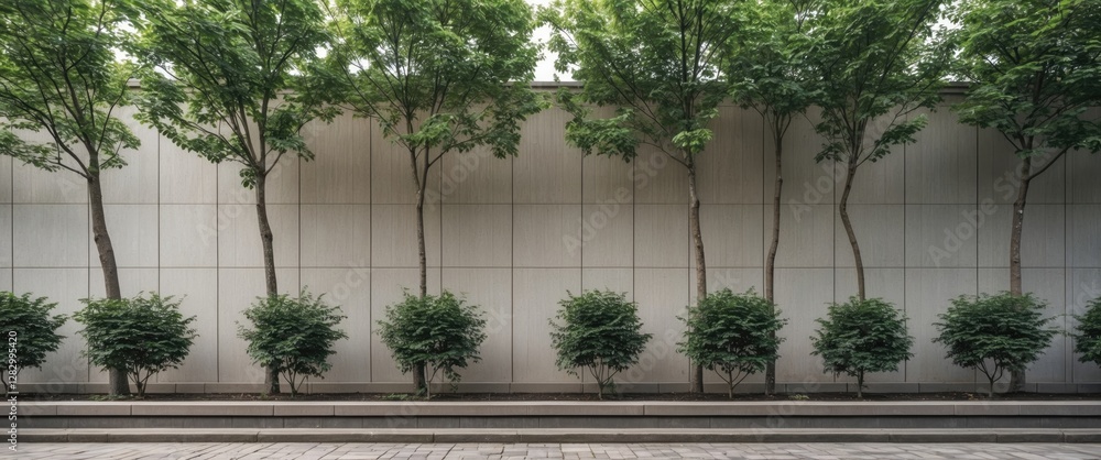 Poster row of trees and shrubs along a modern concrete wall in an urban setting during daylight.