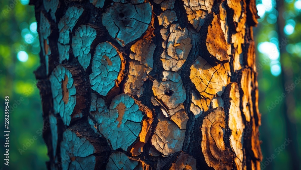 Poster textured close-up of tree bark highlighting natural patterns and colors in a forest setting with sof