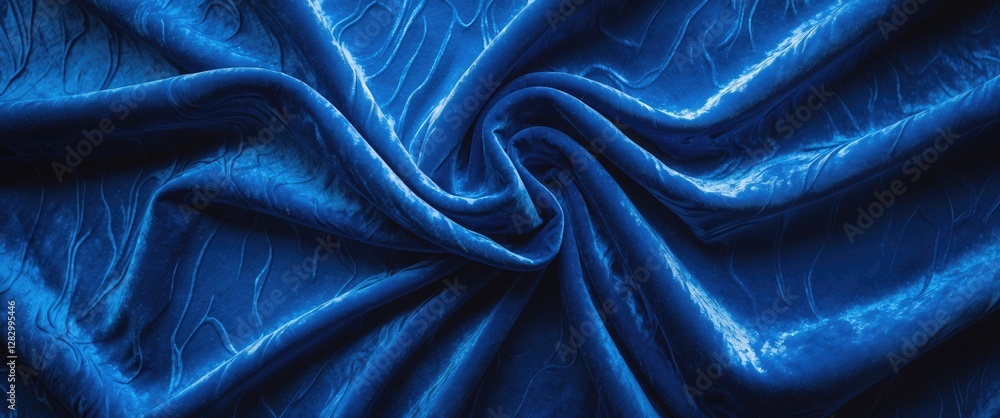 Poster Blue textured fabric close-up with intricate patterns and soft sheen draped in a wavy arrangement.