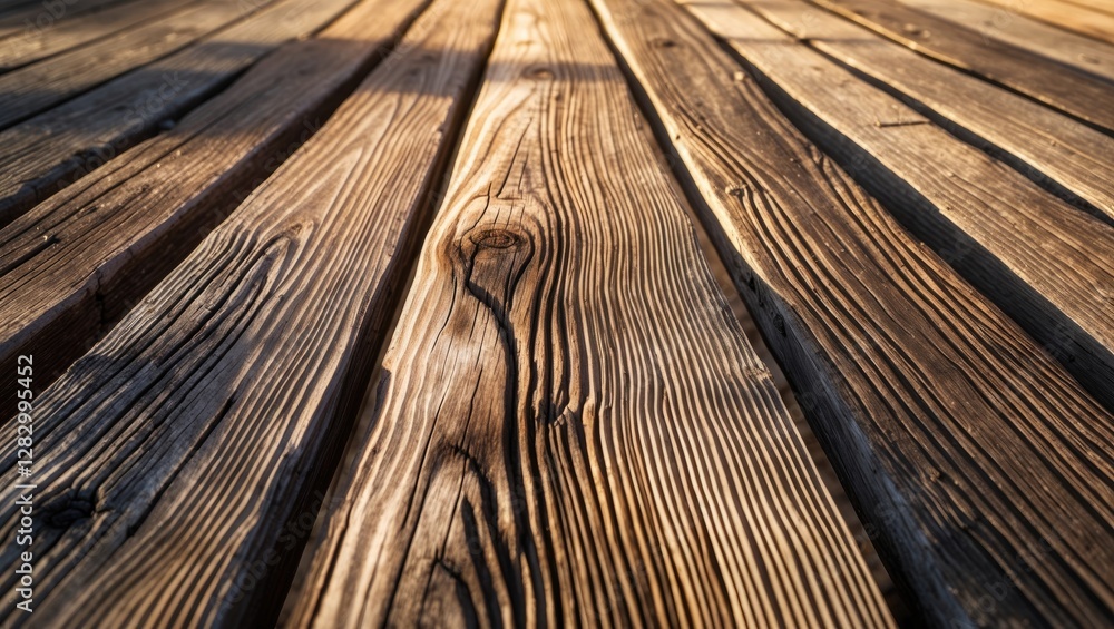 Aufkleber Close-up view of weathered wooden planks with visible grain patterns and texture in natural light on a surface