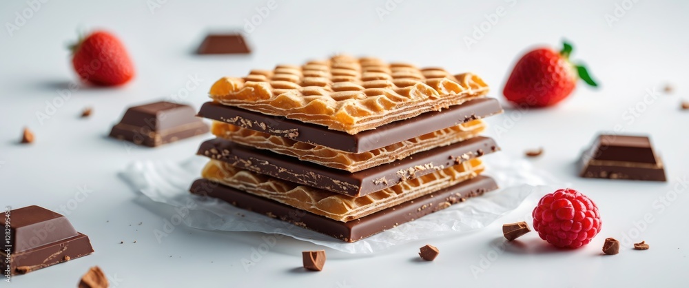 Poster chocolate wafers stacked with fresh strawberries and raspberries on a white background with chocolat