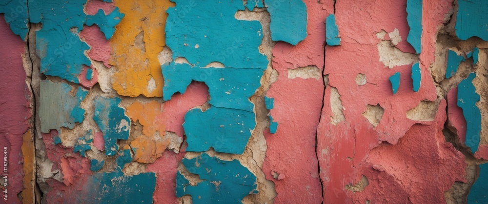 Poster peeling paint texture on a weathered wall with blue, orange, and pink colors creating a rustic abstr