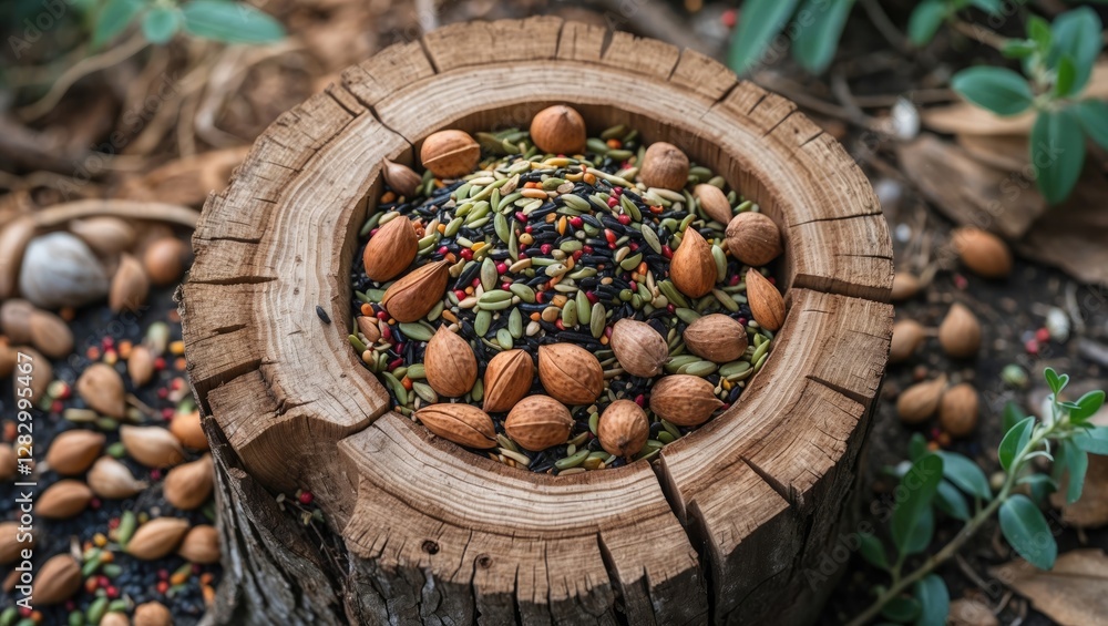 Poster Mixed nuts and seeds displayed in a wooden bowl placed on a rustic tree stump surrounded by natural foliage.