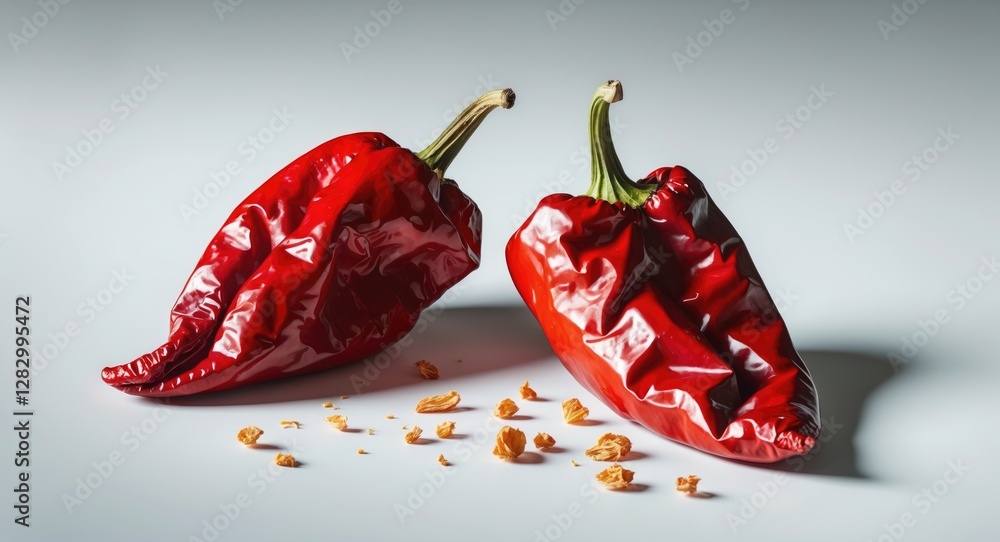 Poster dried red peppers arranged in a flatlay on a clean white background showcasing their vibrant color a