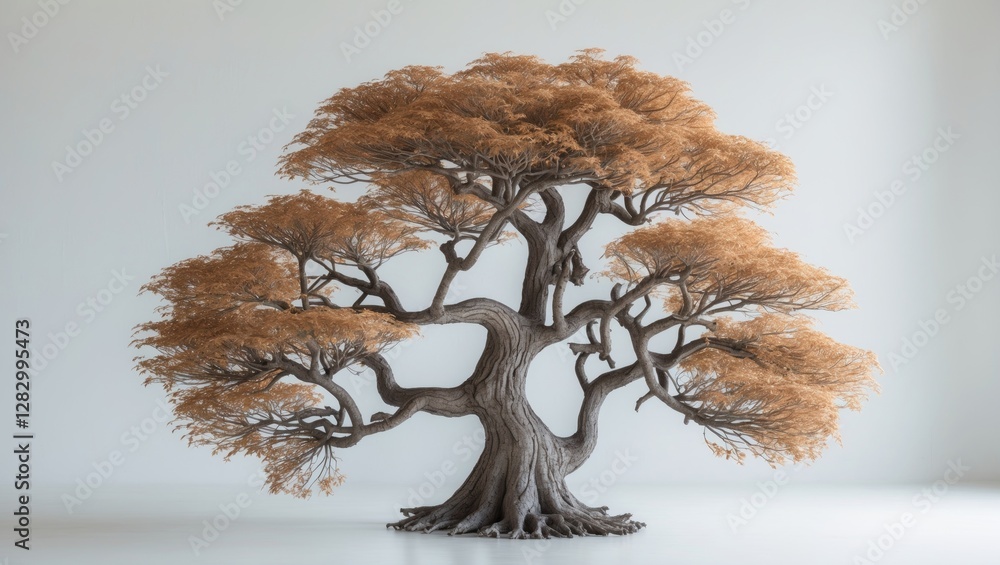 Poster Detailed 3D model of a large, stylized tree with intricate branches and textured leaves in varying shades of brown against a light background.