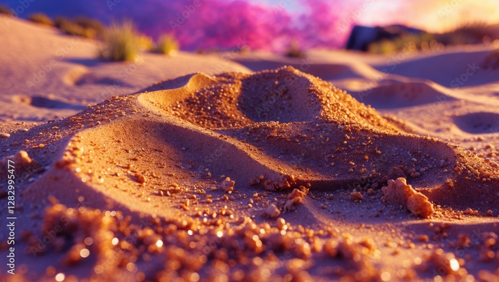 Poster sand dunes with textured patterns at sunset under a colorful sky in desert landscape.