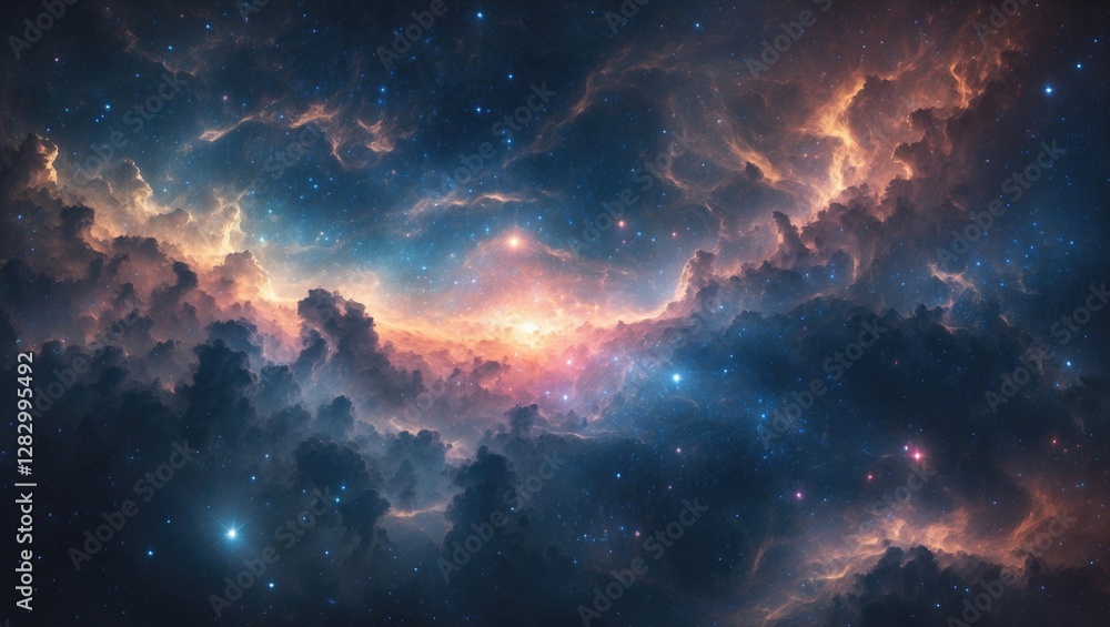 Poster vibrant cosmic nebula with swirling colors and stars creating an abstract space background for proje