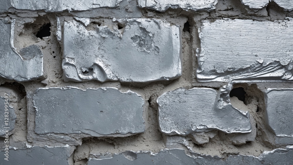Poster close-up view of aged and weathered gray brick wall with peeling paint and visible holes in the mort