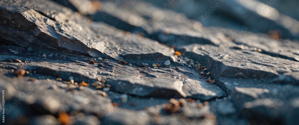 Poster textured surface of weathered gray rock with visible cracks and small stones in natural outdoor sett