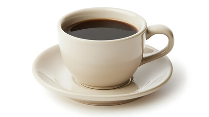 A white coffee cup with a white saucer sits on a white background