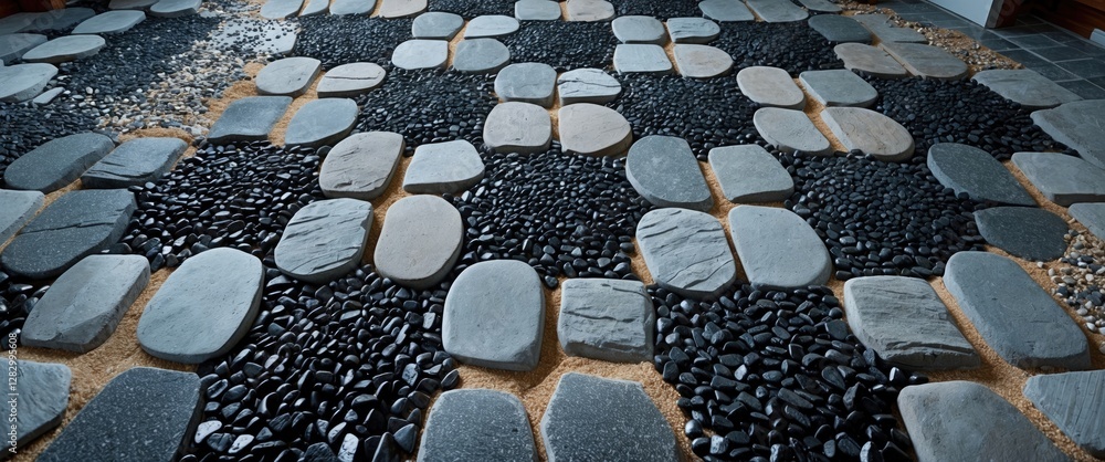Poster patterned stone pathway with dark and light pebbles arranged artistically in a natural setting on a 