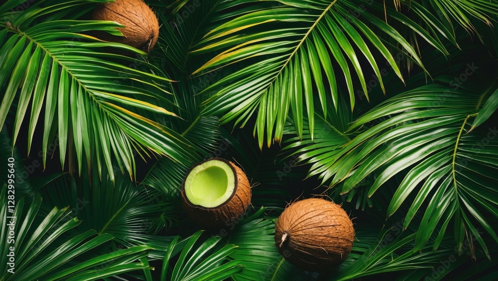 Poster coconuts and tropical palm leaves arranged in a lush green background displaying natural textures an